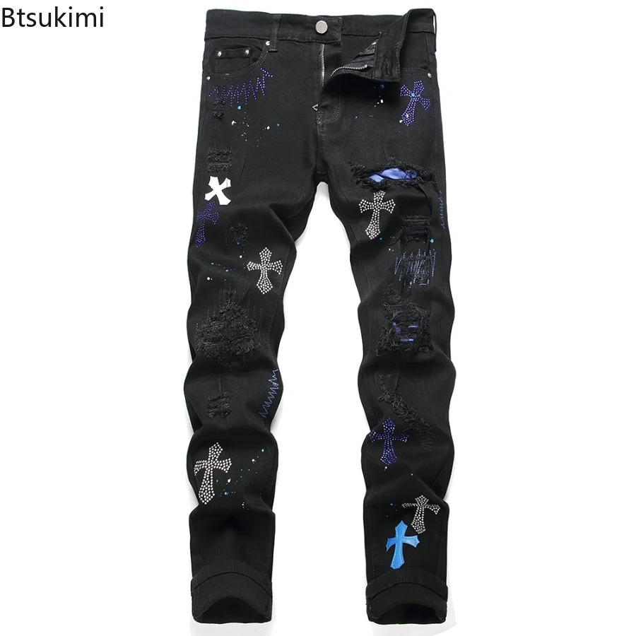 Men'S Fashion Nova Jeans - Męskie dżinsy z kryształowym krzyżem, elastyczne,