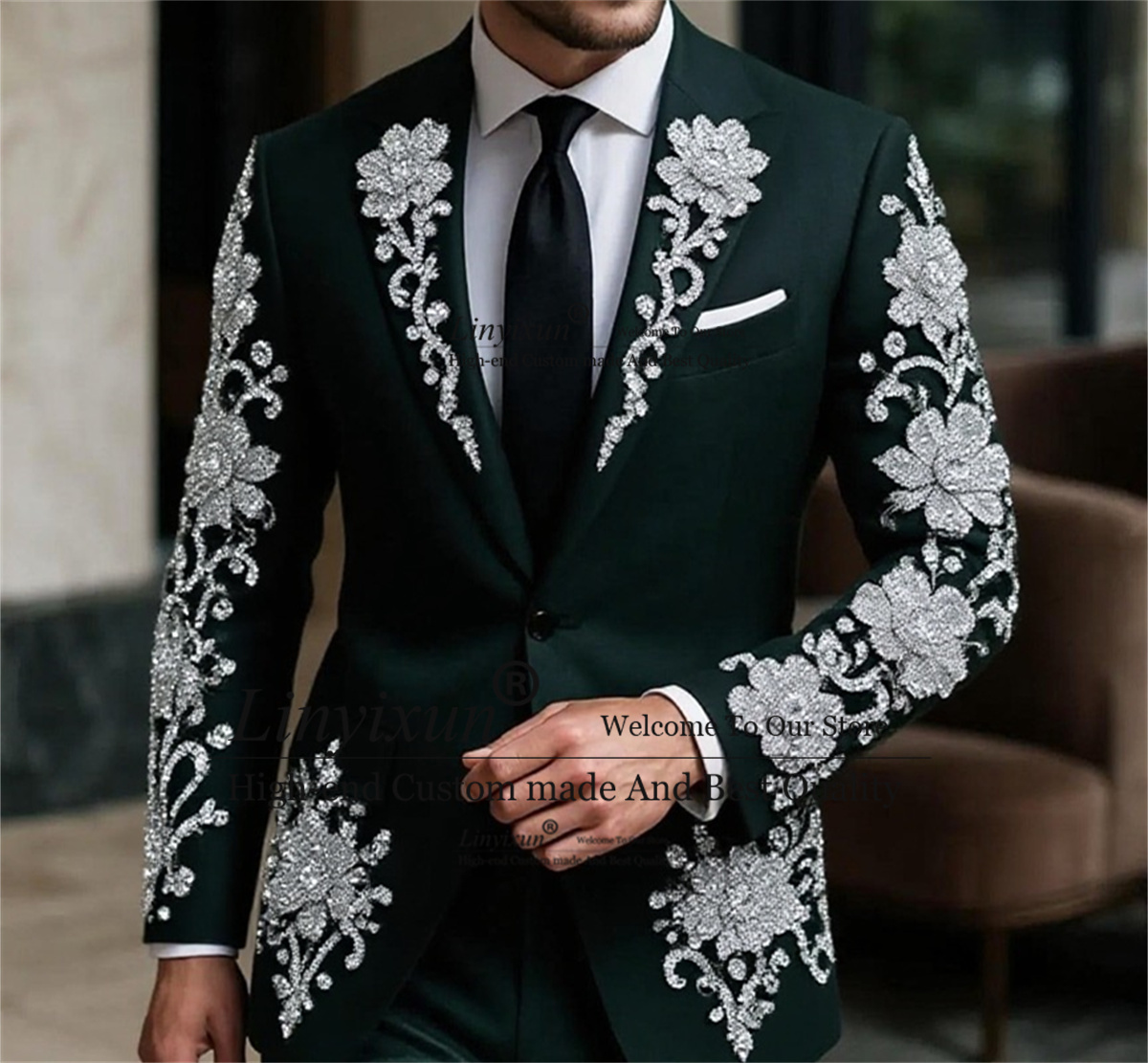 Mens Fashion Trajes - Męski garnitur ślubny z kryształami, kwiatowy