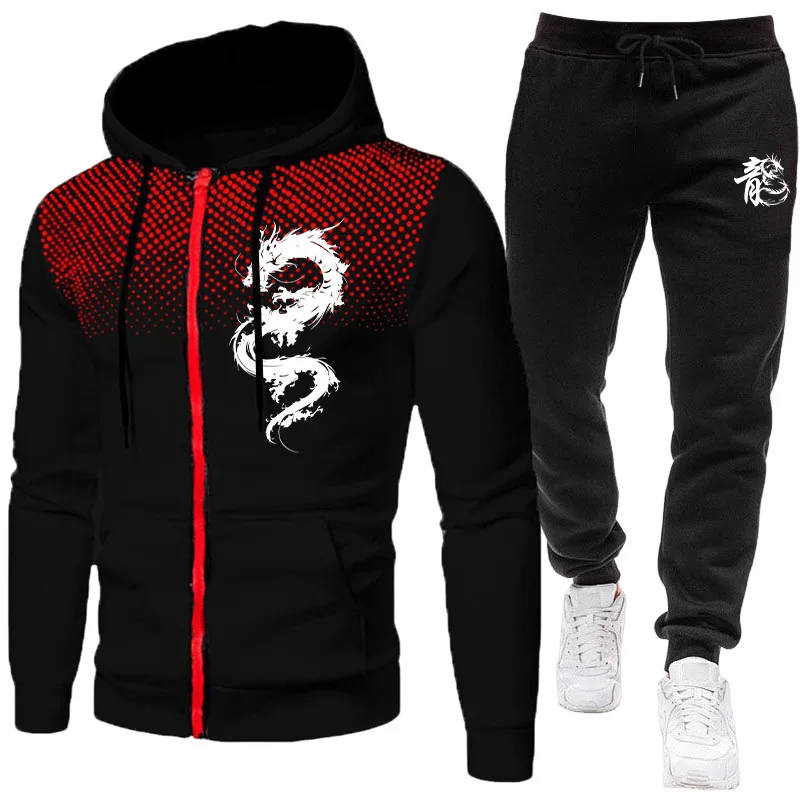 Men'S Fashion Hoodies - Męski Zestaw z Nadrukiem Smoka Paryskiego,
